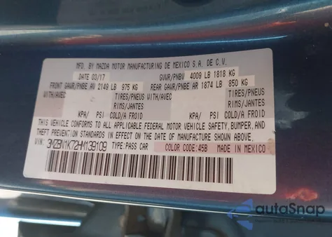 2017 Mazda Mazda3 Sport z USA, uszkodzony, nr VIN 3MZBN1K72HM139109